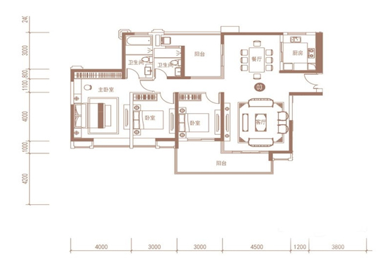 紫荊華庭120平米三居室空間布局圖